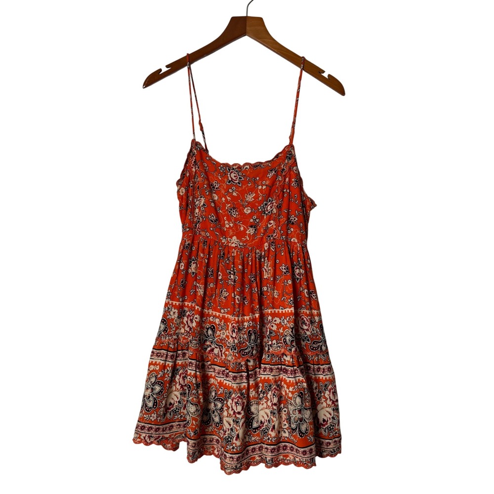Urban Outfitters Hanna Rayon Scallop Babydoll Mini Dress Orange Floral Boho XS